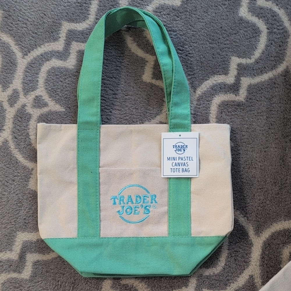 Mini Trader Joe's Canvas Tote Bag in Mint and Cream